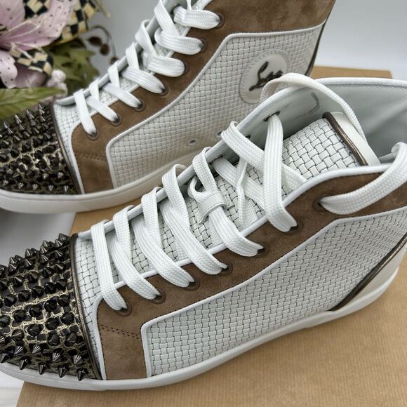 Christian Louboutin White and Brown Spiked High-Tops - Picture 5 of 13